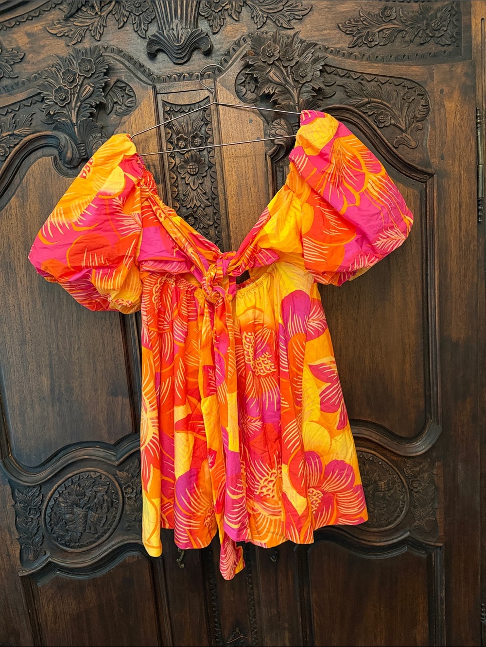 Farm Rio Ombré  Mini Dress Garden Puff Sleeve Orange Yellow Tie Back Bohemian L - Picture 4 of 6